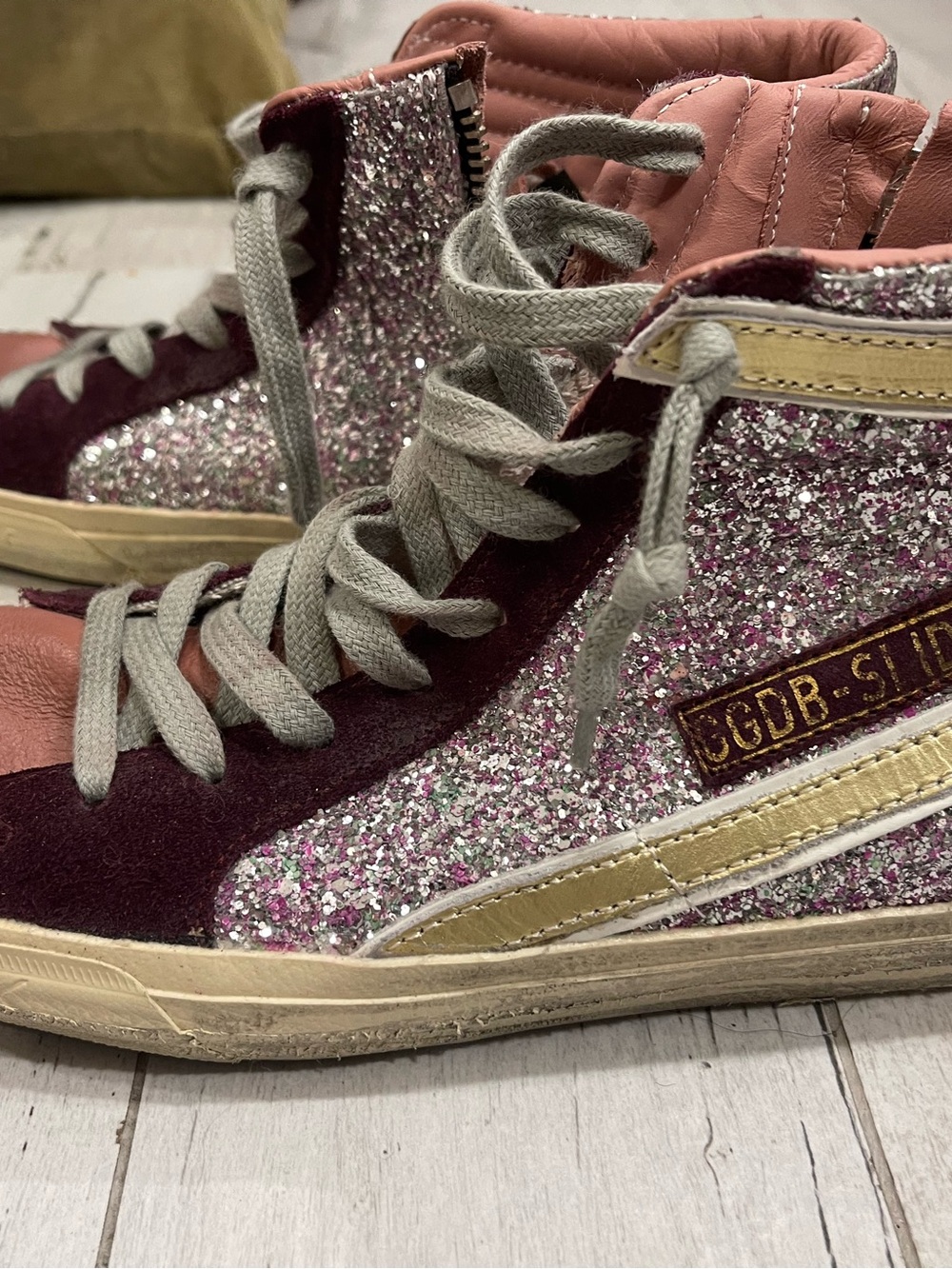 Golden Goose Pink Glitter & Burgundy High-Top Sneakers